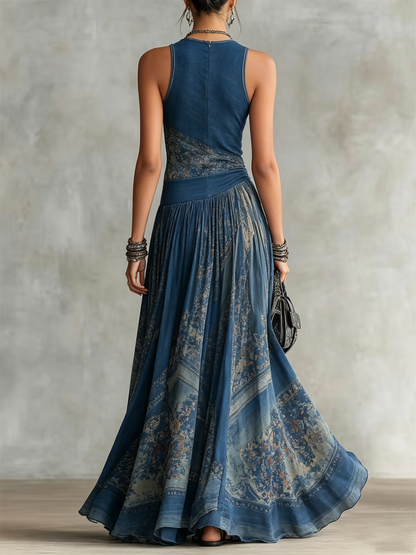 Tie-dye Print Sleeveless Crew Neck Cinched Waist Swing Dress