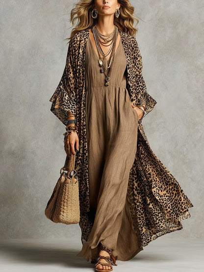 Leopard Print Kimono & Linen-cotton Jumpsuit Set