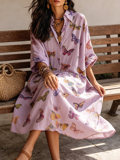 Boho Butterfly-print Shirt Dress