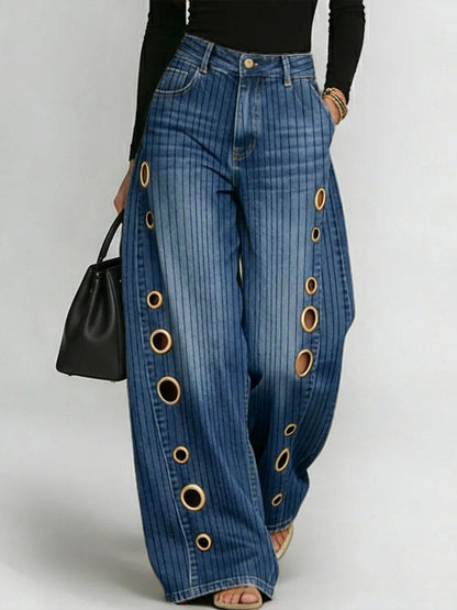 Women's Retro Stripe Print Casual Fashion Cutout Jeans
