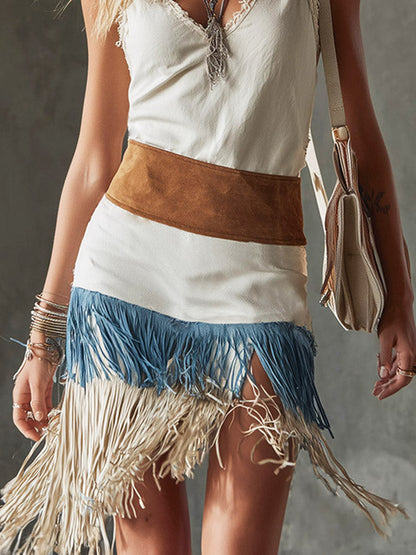 Women's Retro Tassel Art Casual Stylish Patchwork Short Dress