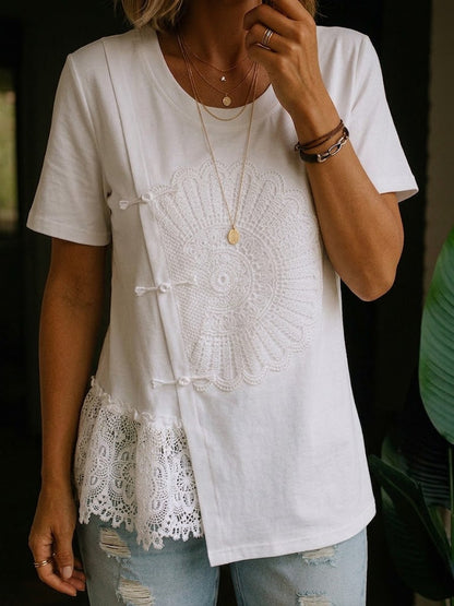 Stylish Casual Spliced lace Cotton T-shirt