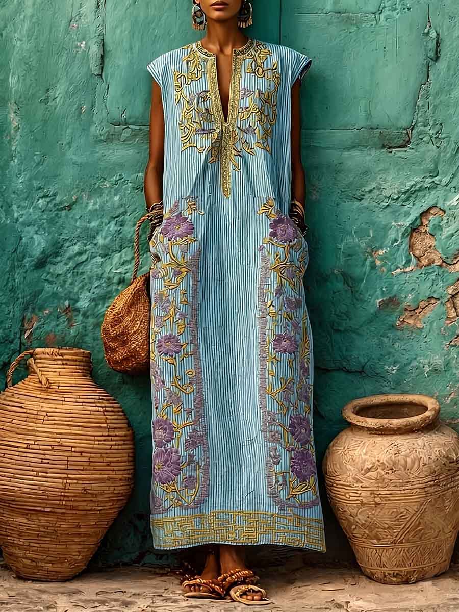 Women's Casual Loose Cotton-linen Dress — V-neck Sleeveless With Placement Print