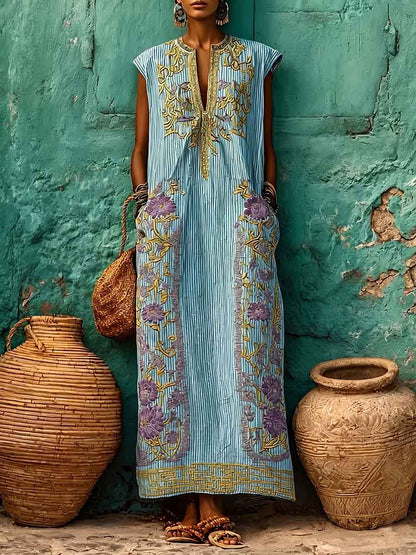 Women's Casual Loose Cotton-linen Dress — V-neck Sleeveless With Placement Print