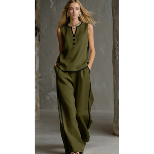 🌷🌷Contrast Trim Sleeveless Top & Wide-Leg Pants Two-Piece Set