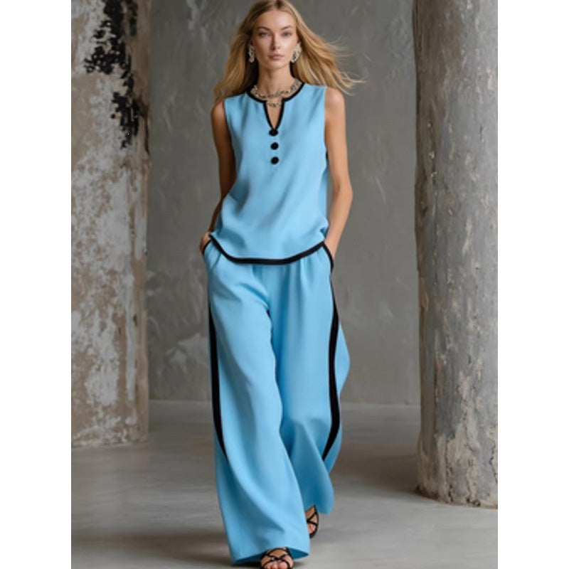 🌷🌷Contrast Trim Sleeveless Top & Wide-Leg Pants Two-Piece Set