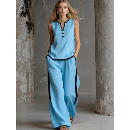 🌷🌷Contrast Trim Sleeveless Top & Wide-Leg Pants Two-Piece Set
