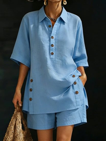 Women’s Linen Shirt & Shorts Two-Piece Set – Casual Cozy Loose-fitting Button-Up Summer Outfit 853d
