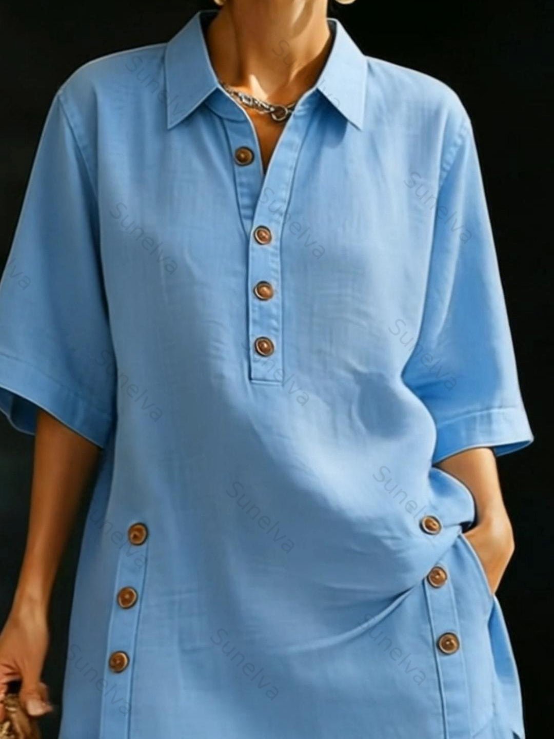 Women’s Linen Shirt & Shorts Two-Piece Set – Casual Cozy Loose-fitting Button-Up Summer Outfit 853d