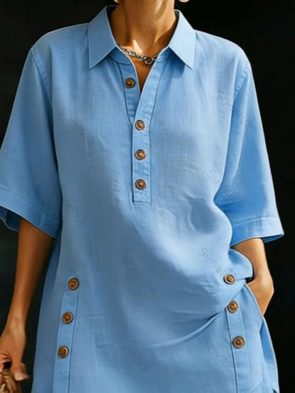 Women’s Linen Shirt & Shorts Two-Piece Set – Casual Cozy Loose-fitting Button-Up Summer Outfit 853d
